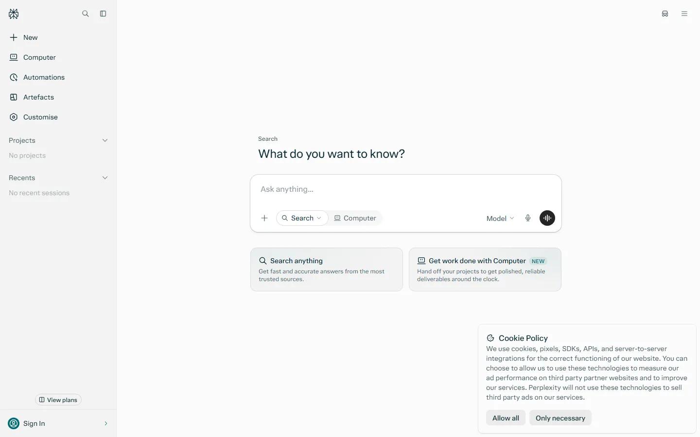 Perplexity homepage screenshot captured in October 2026