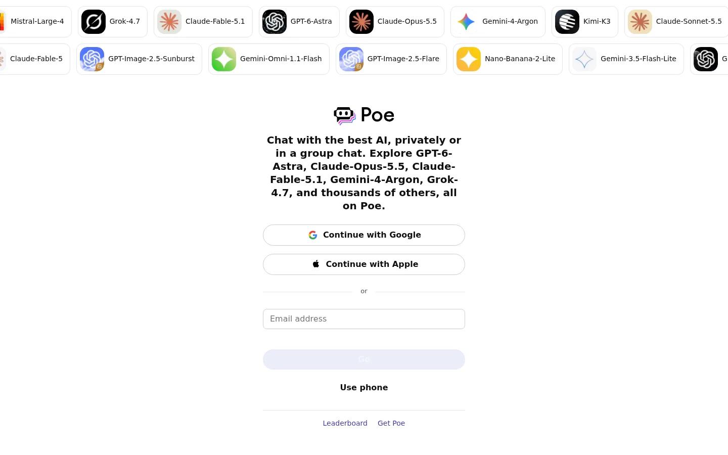 Poe homepage screenshot captured in October 2026