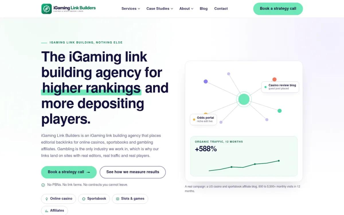 iGaming Link Builders homepage screenshot captured in October 2026