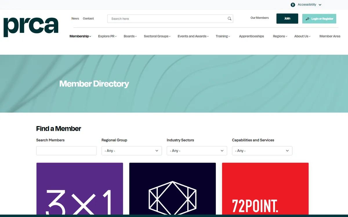 PRCA Member Directory directory screenshot captured in September 2026