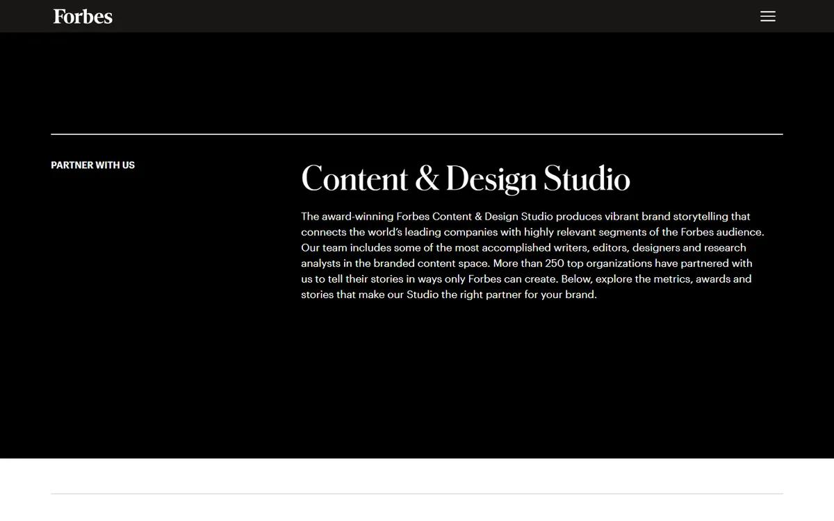 Forbes BrandVoice content solutions page for paid brand partnerships