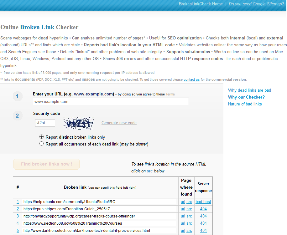 Broken Link Check tool showing broken outbound links on a page