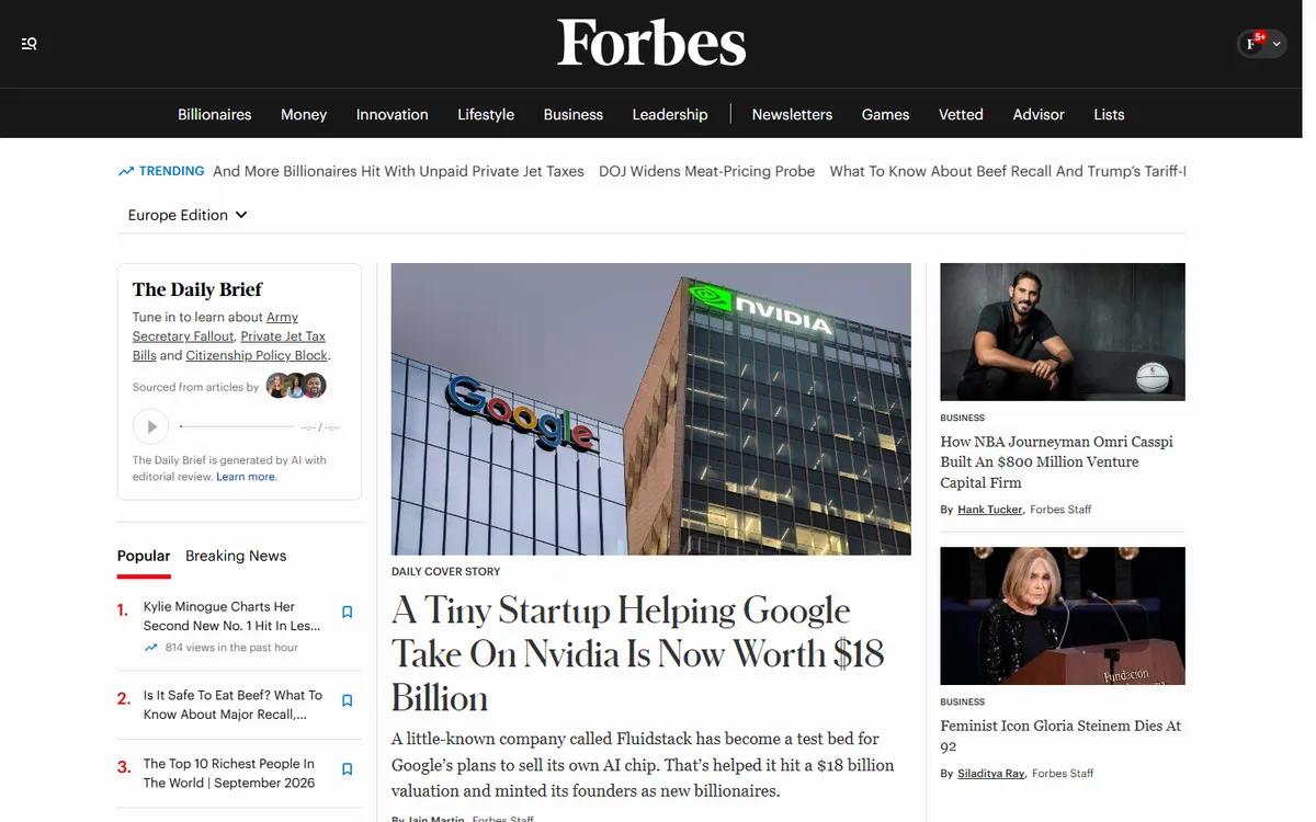 Forbes homepage showing editorial sections and featured stories