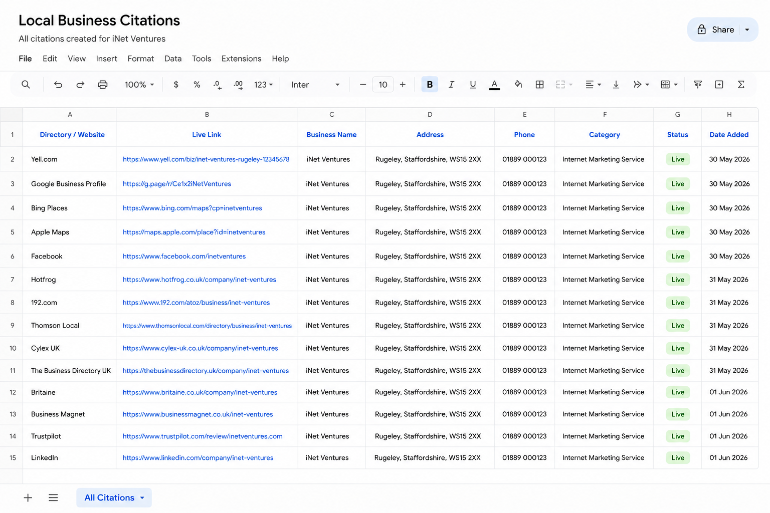 White-label local citations report spreadsheet