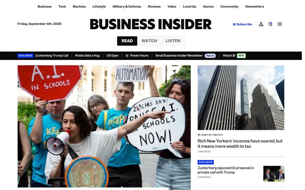 Business Insider homepage showing editorial coverage