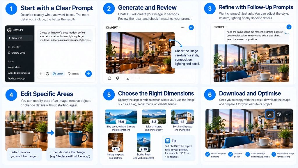 The six steps of creating an image with ChatGPT: write a clear prompt, generate and review, refine with follow-up prompts, edit specific areas, choose the right dimensions, download and optimise
