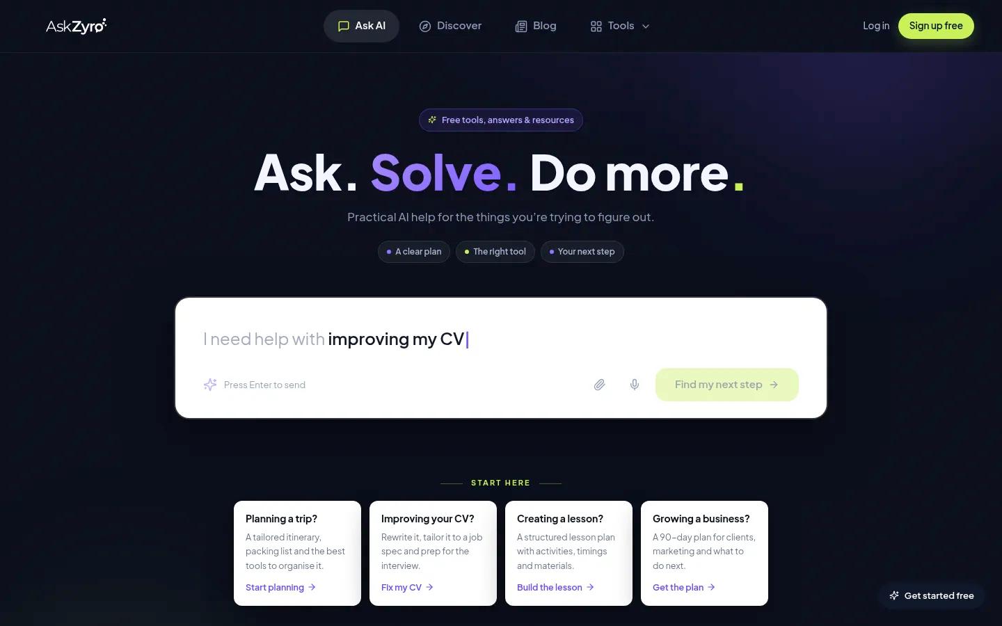 AskZyro homepage screenshot captured in October 2026