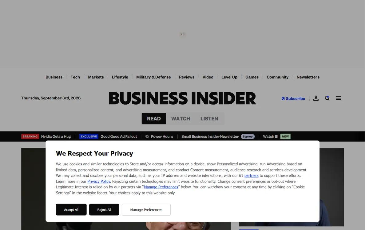 Business Insider homepage showing editorial coverage