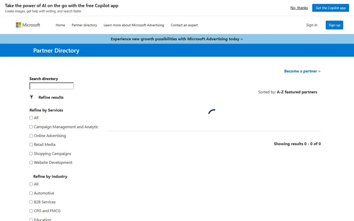 Microsoft Advertising Partner Directory directory screenshot captured in September 2026