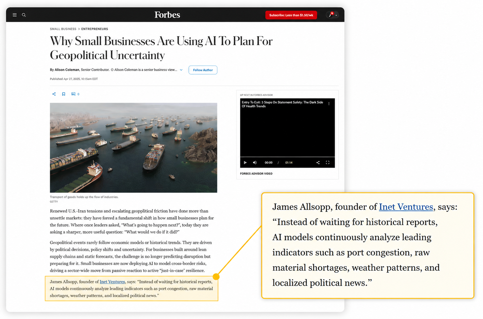 Example of a Forbes article featuring a founder profile