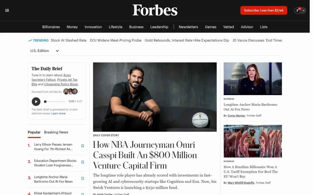 Forbes homepage showing editorial coverage