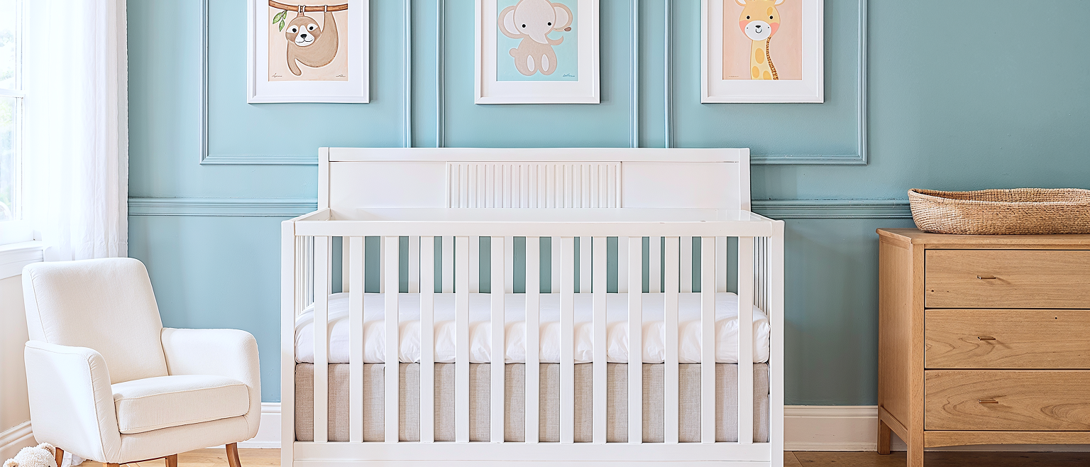 Clean, soft-toned nursery with a white wooden crib, pastel blue paneled wall, framed animal prints, a wooden dresser, and a cozy rocking chair beside a window