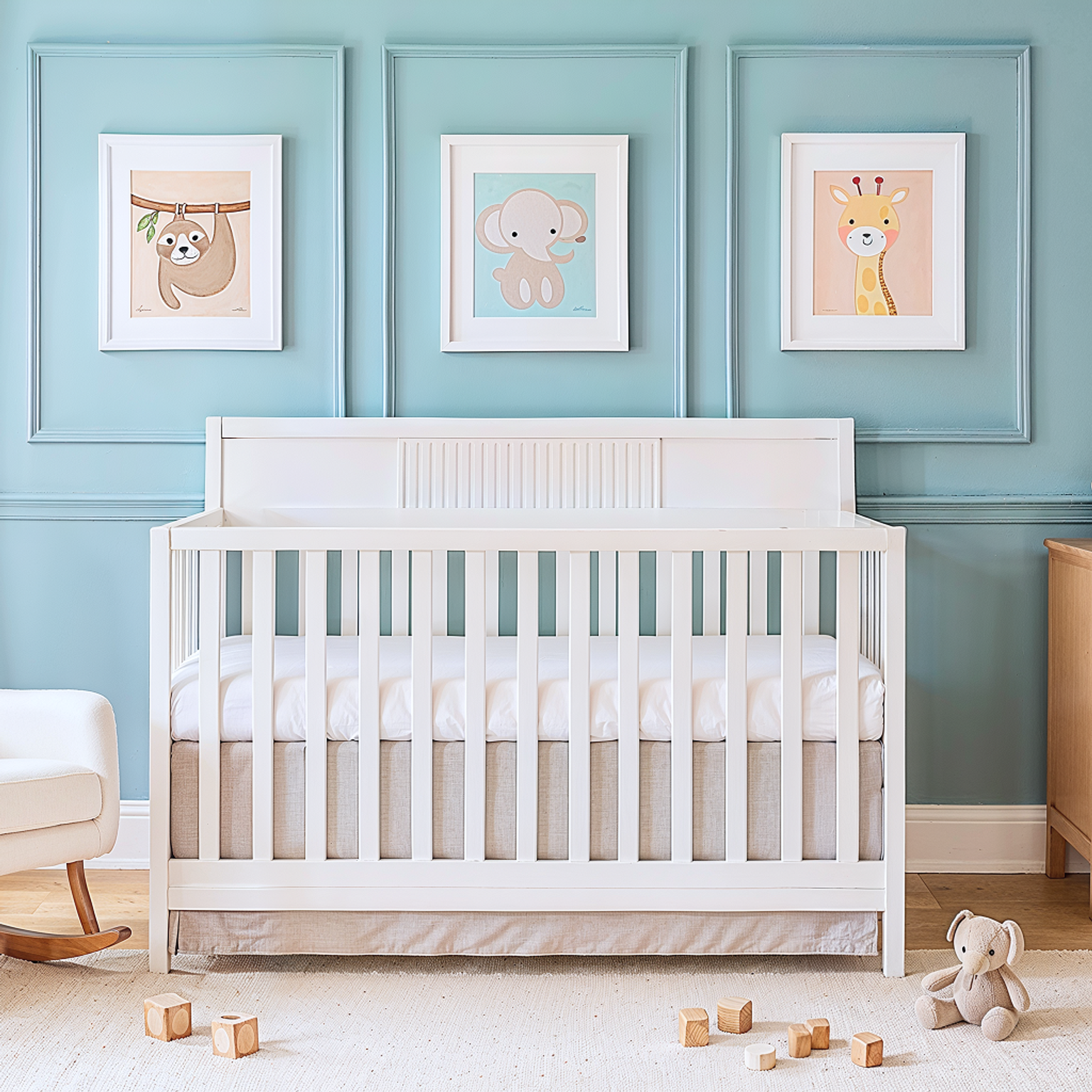 Clean, soft-toned nursery with a white wooden crib, pastel blue paneled wall, framed animal prints, a wooden dresser, and a cozy rocking chair beside a window