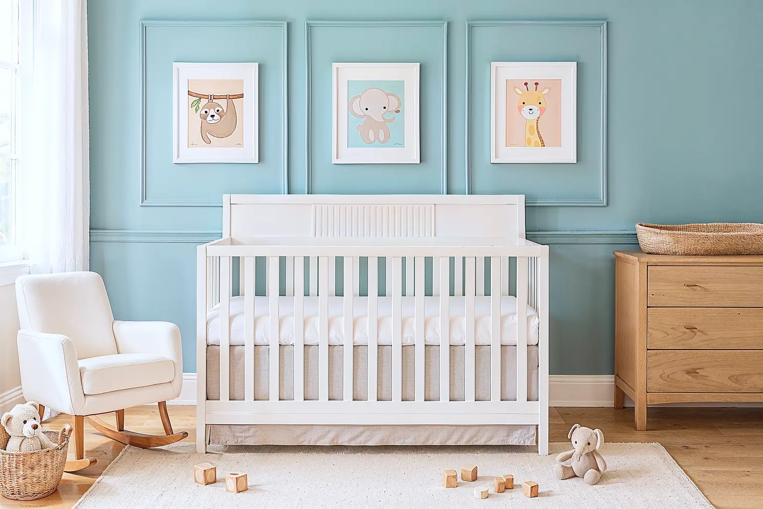 Clean, soft-toned nursery with a white wooden crib, pastel blue paneled wall, framed animal prints, a wooden dresser, and a cozy rocking chair beside a window