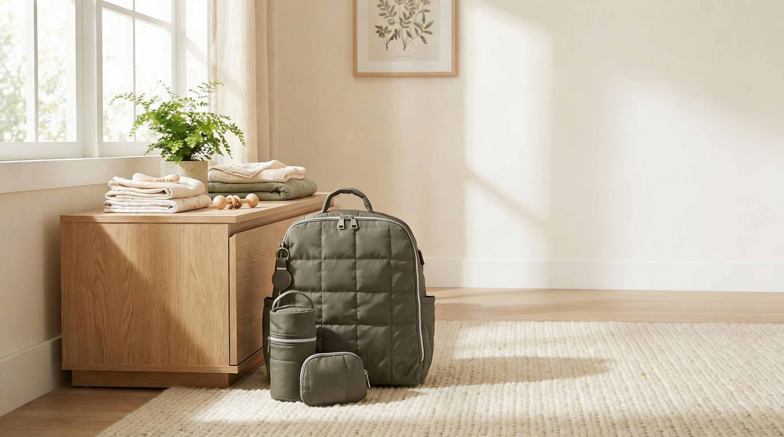 Functional quilted diaper bag with matching bottle holder and pouch placed in a sunlit nursery beside folded baby essentials and a wooden storage bench