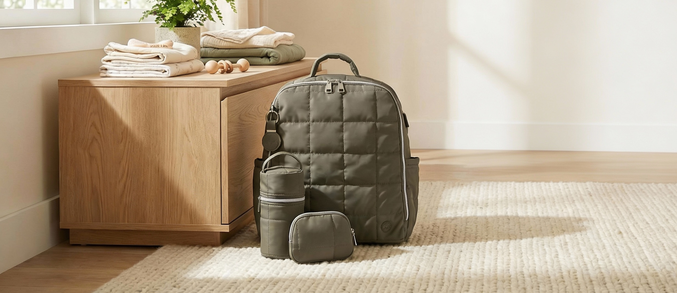 Functional quilted diaper bag with matching bottle holder and pouch placed in a sunlit nursery beside folded baby essentials and a wooden storage bench