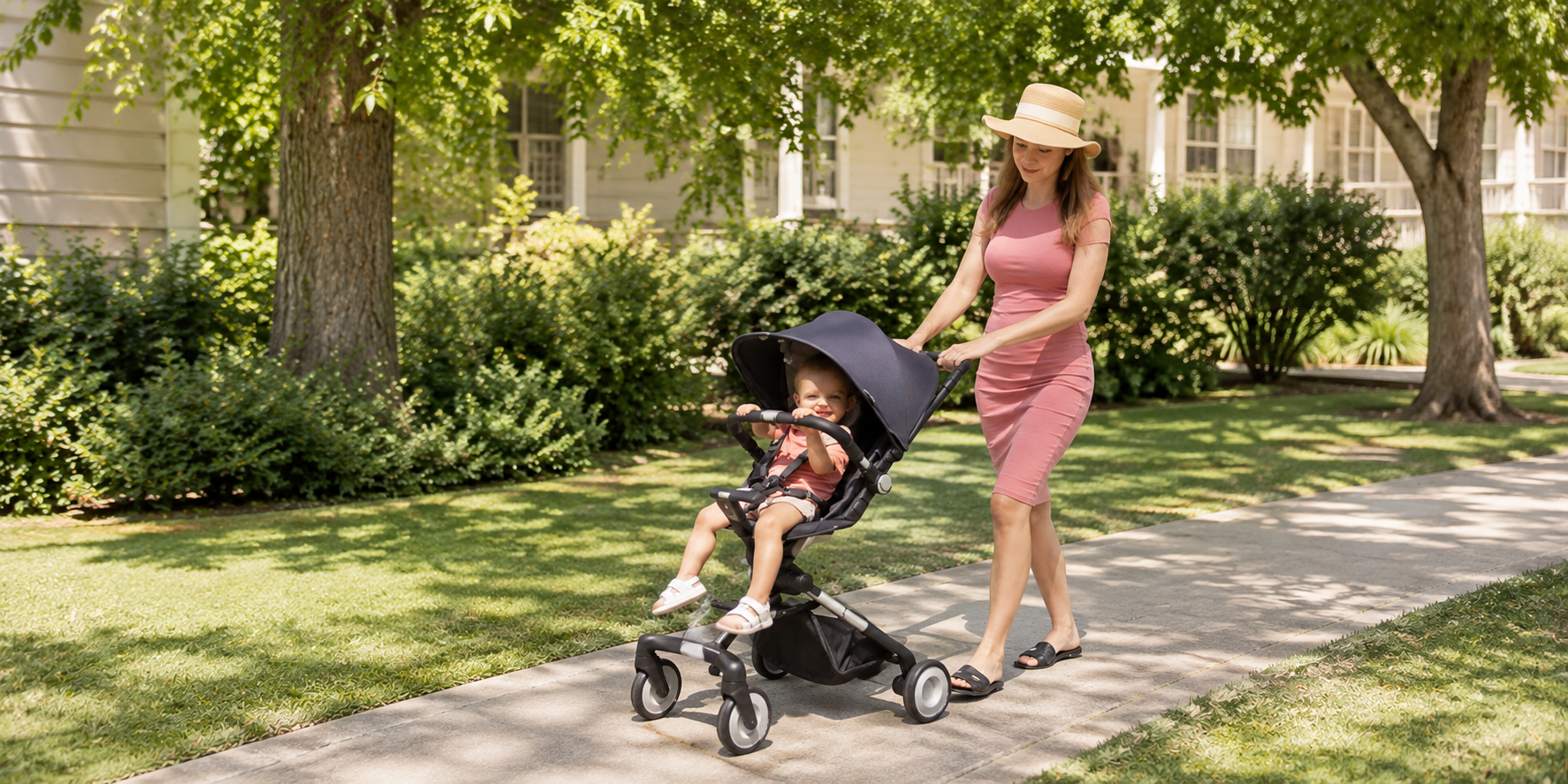 Woman pushes a child in a stroller on a sidewalk.