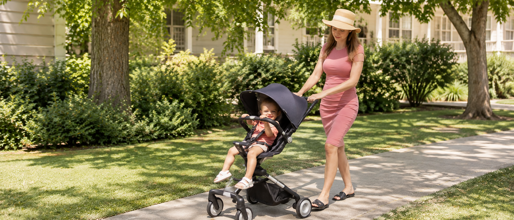 Woman pushes a child in a stroller on a sidewalk.