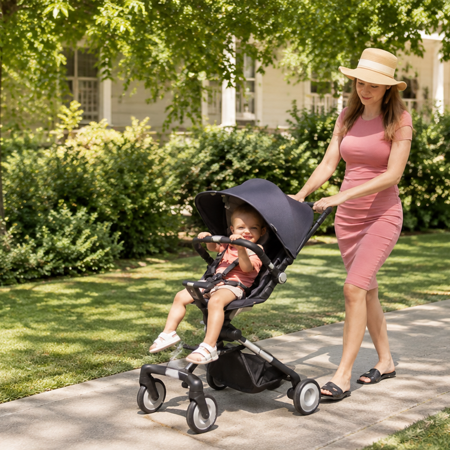 Woman pushes a child in a stroller on a sidewalk.
