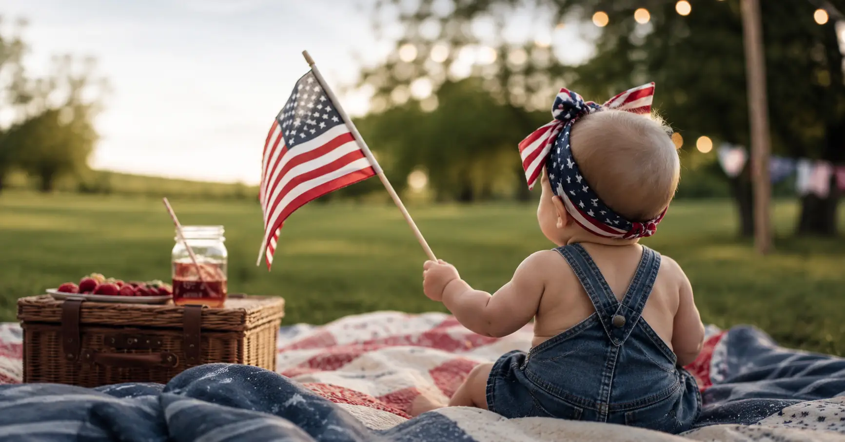 A baby in denim overalls and a flag headband holds a small American flag during a picnic.