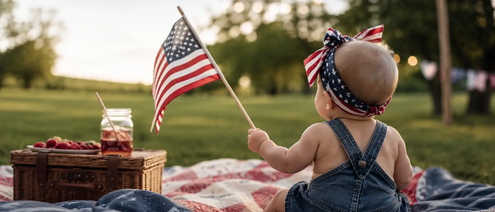 A baby in denim overalls and a flag headband holds a small American flag during a picnic.