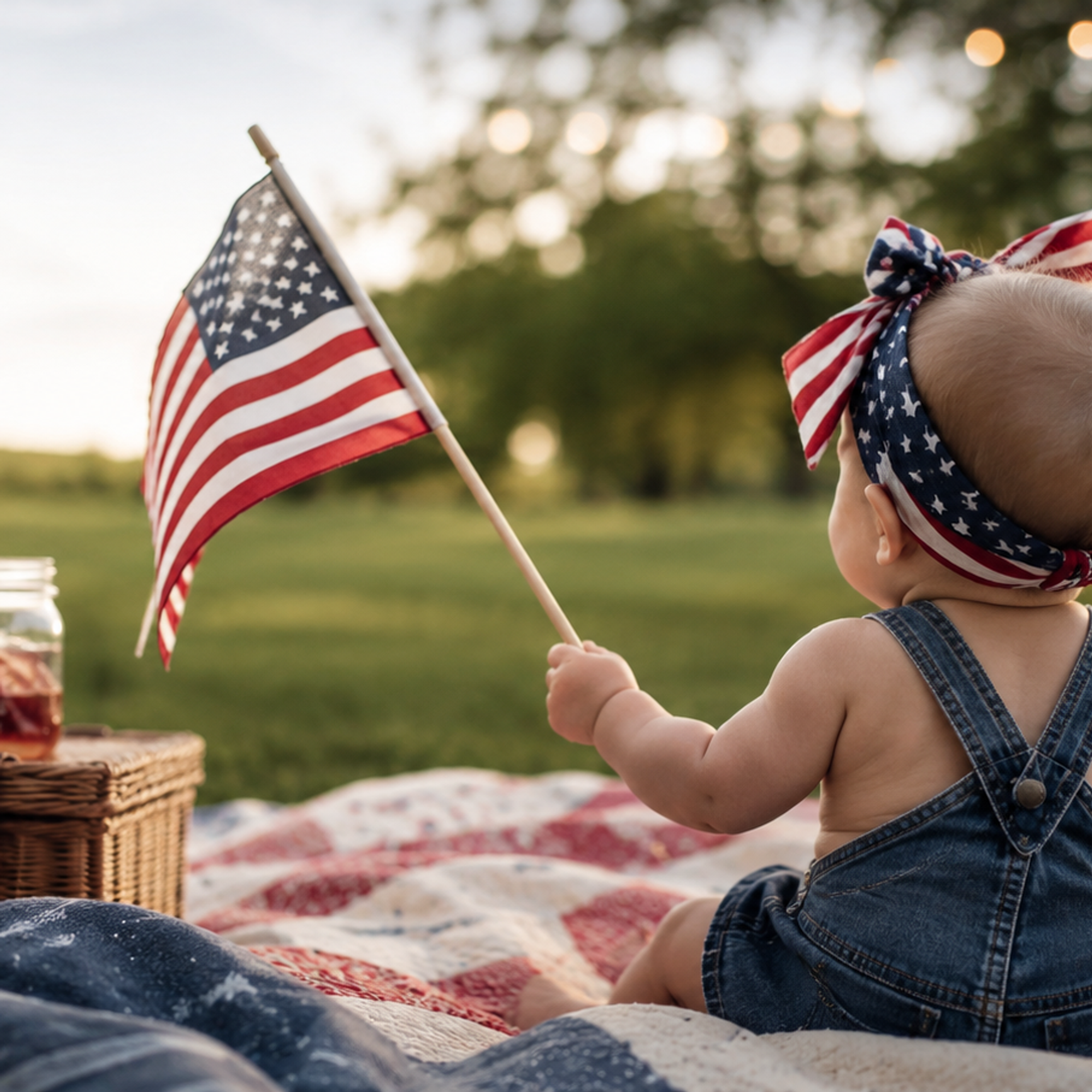 A baby in denim overalls and a flag headband holds a small American flag during a picnic.