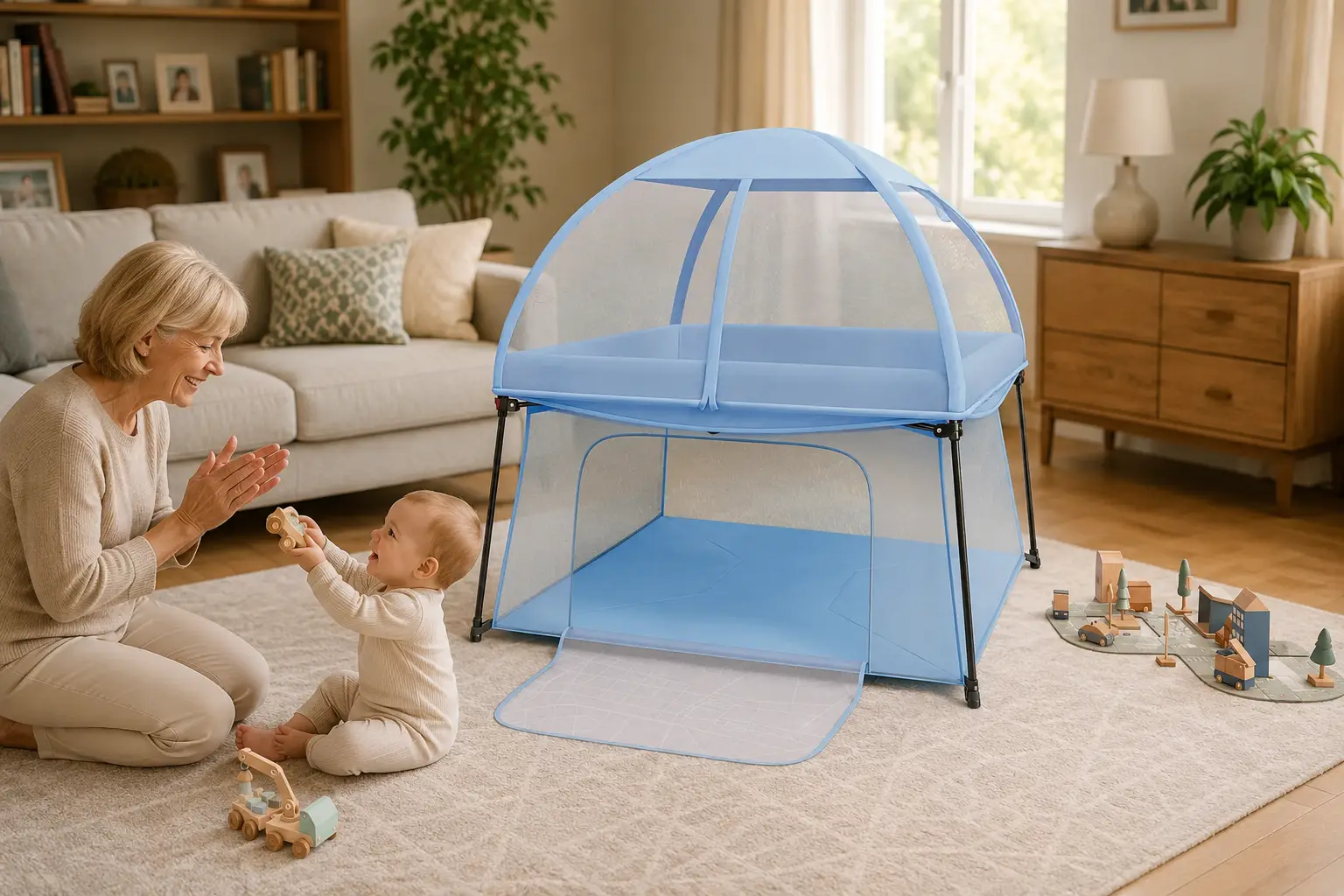 A grandmother claps while playing with a baby next to a blue two-level baby playpen in a living room.