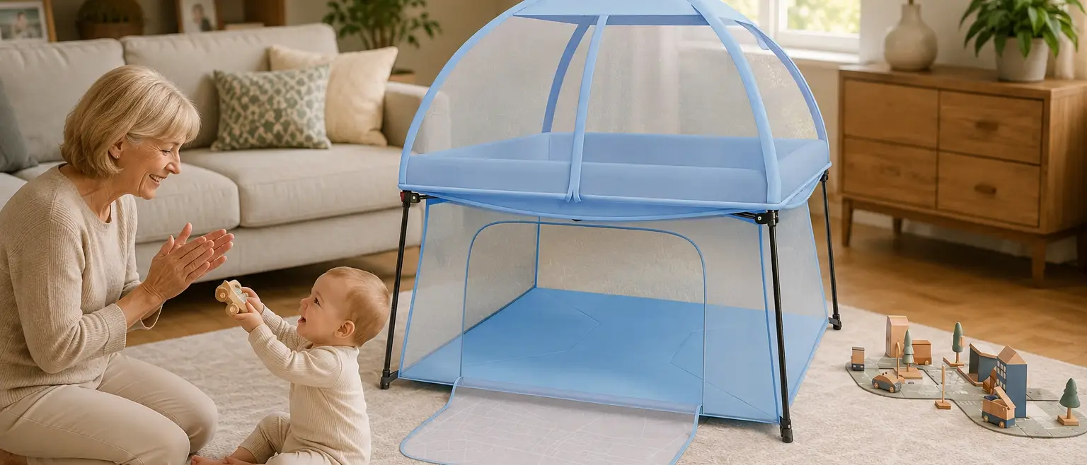 A grandmother claps while playing with a baby next to a blue two-level baby playpen in a living room.