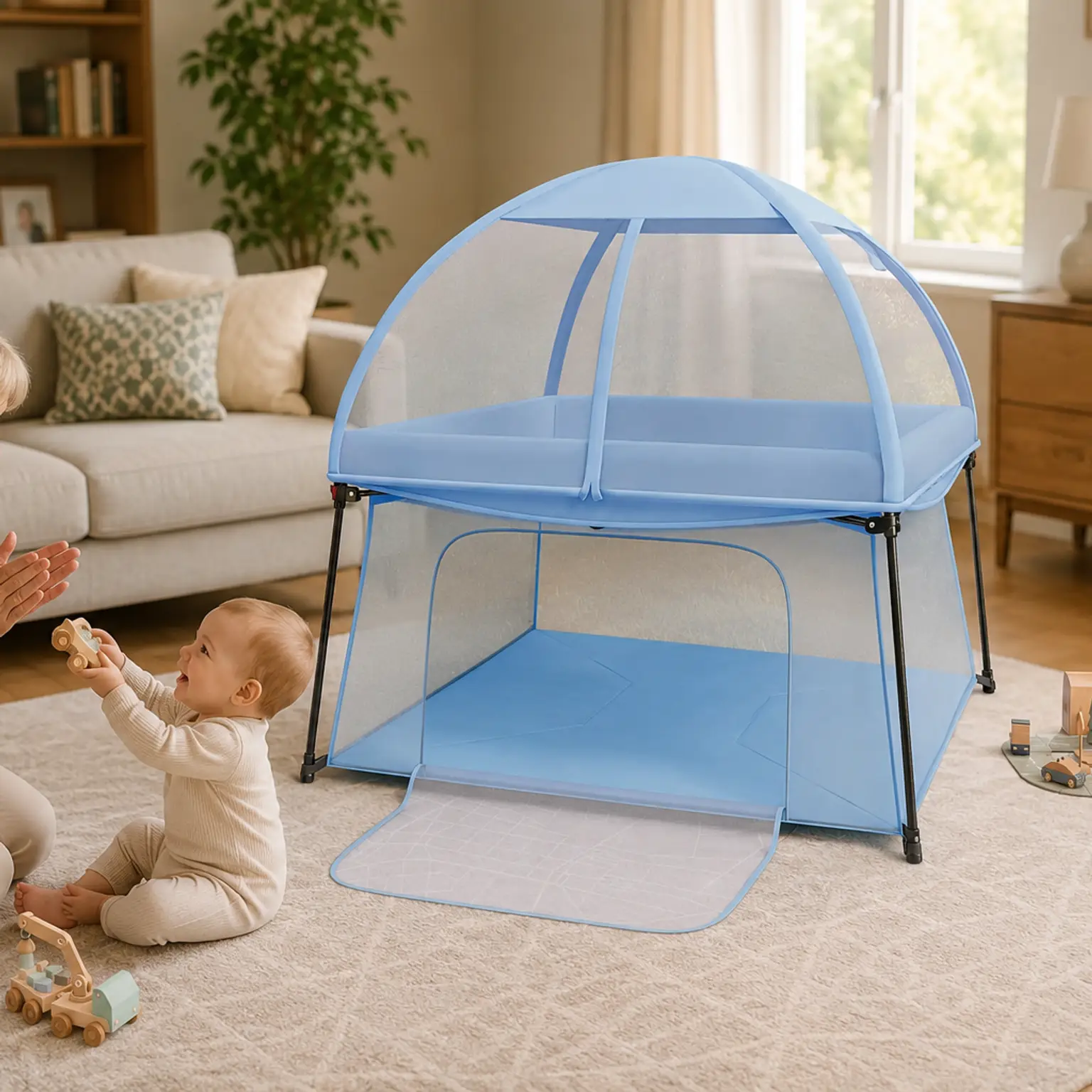 A grandmother claps while playing with a baby next to a blue two-level baby playpen in a living room.