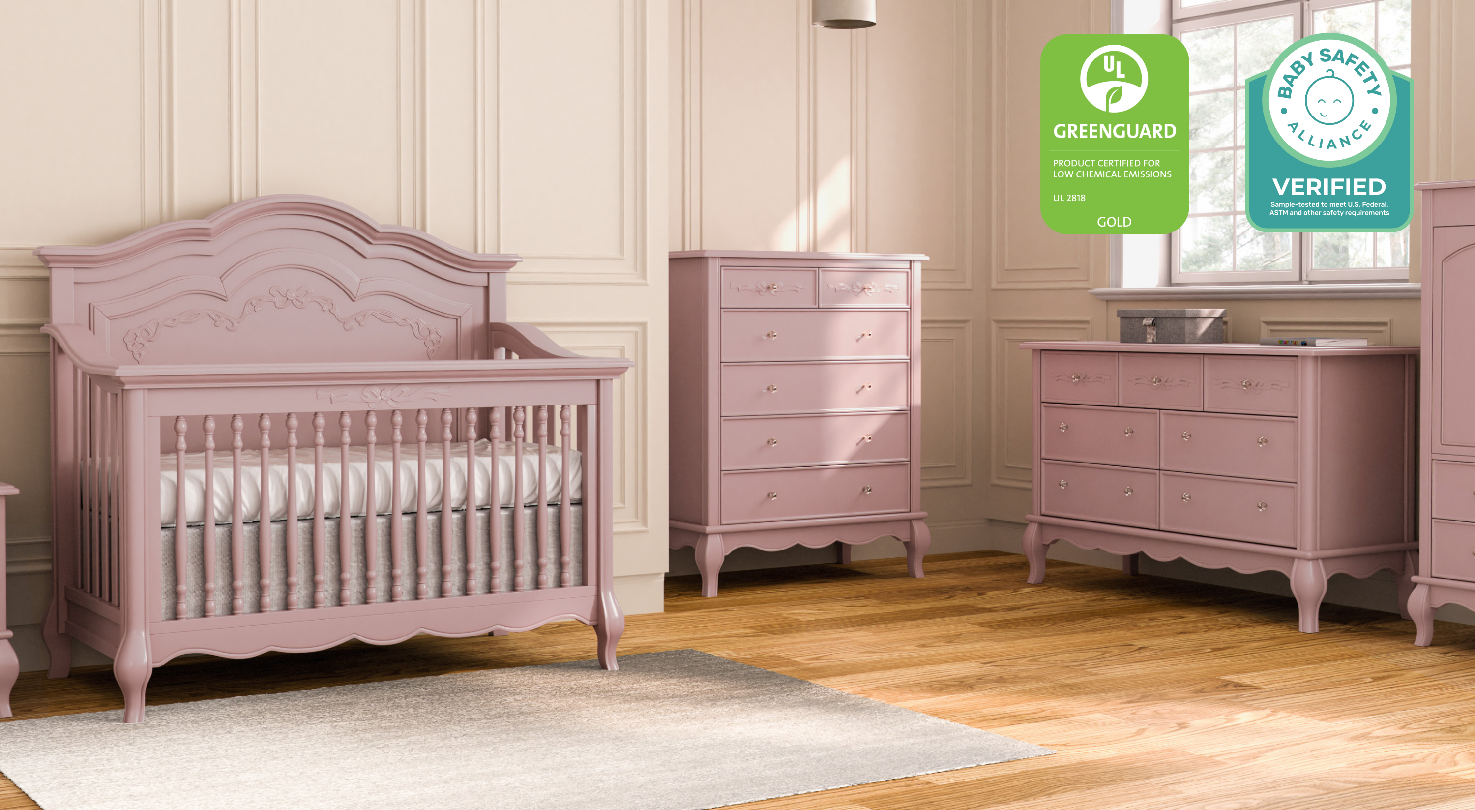 Evolur Aurora 5-in-1 Convertible crib with Aurora Dresser in a lavender-themed room with GREENGUARD Gold and Baby Safety Alliance certifications for your peace of mind