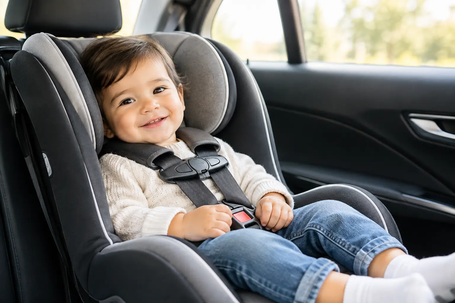 Smiling baby in a car seat.