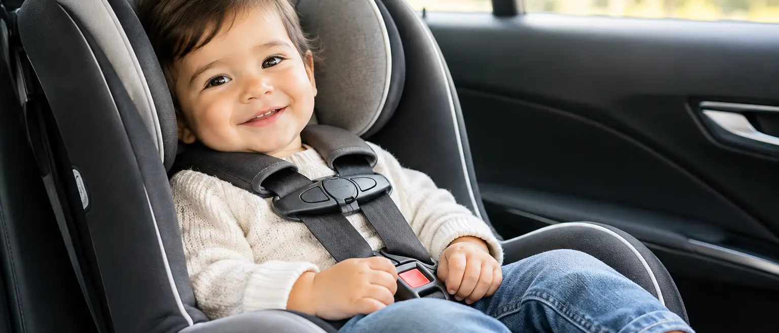 Smiling baby in a car seat.