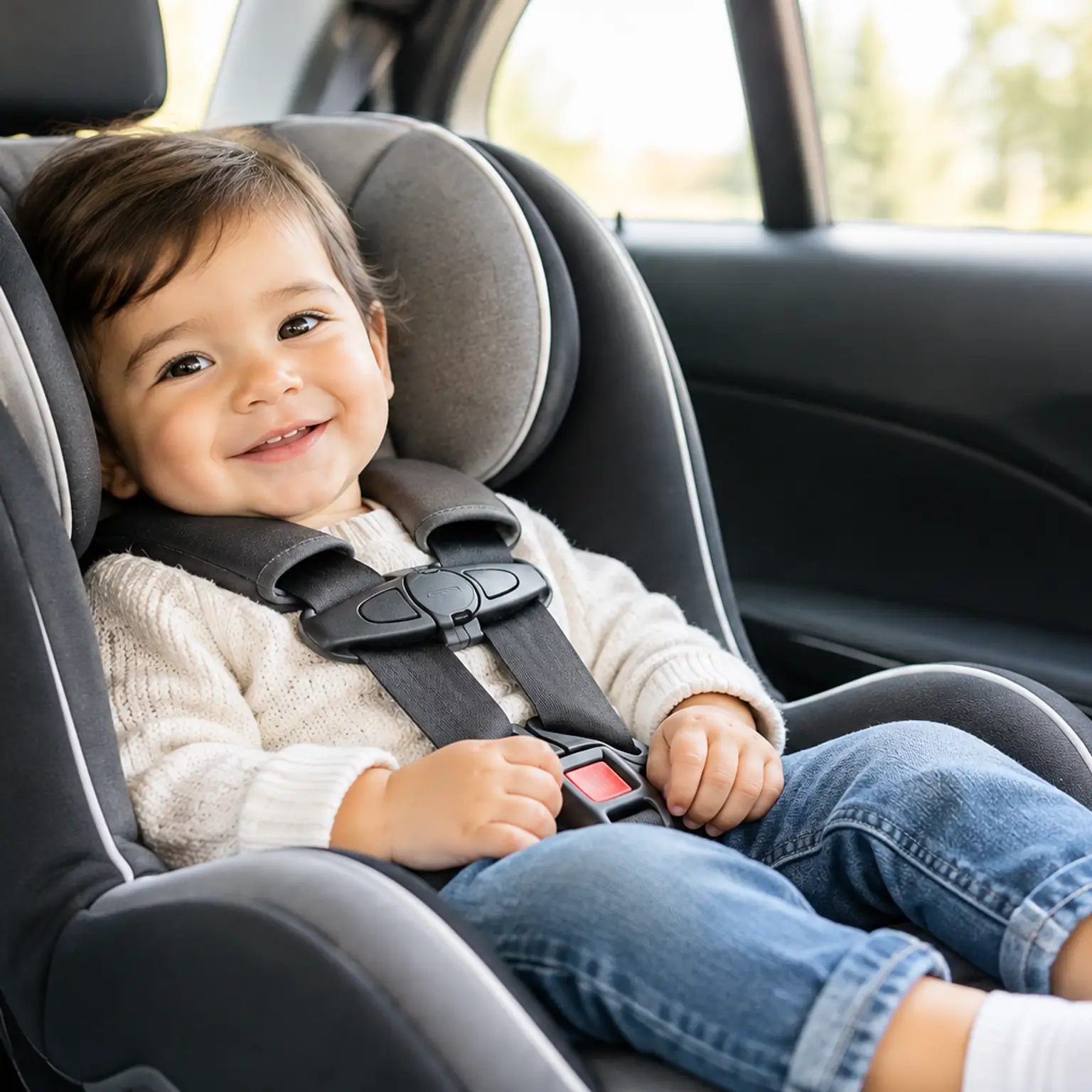 Smiling baby in a car seat.