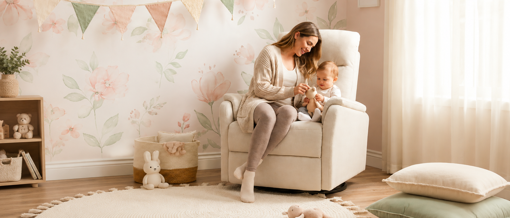 A mother sits in a cream glider chair holding her baby in a softly decorated nursery with floral wallpaper and pastel accents