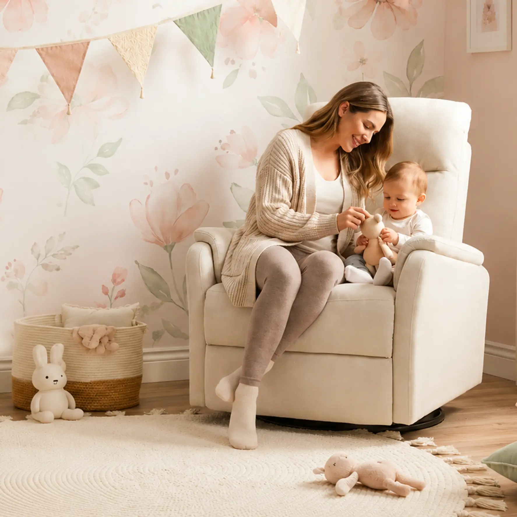 A mother sits in a cream glider chair holding her baby in a softly decorated nursery with floral wallpaper and pastel accents