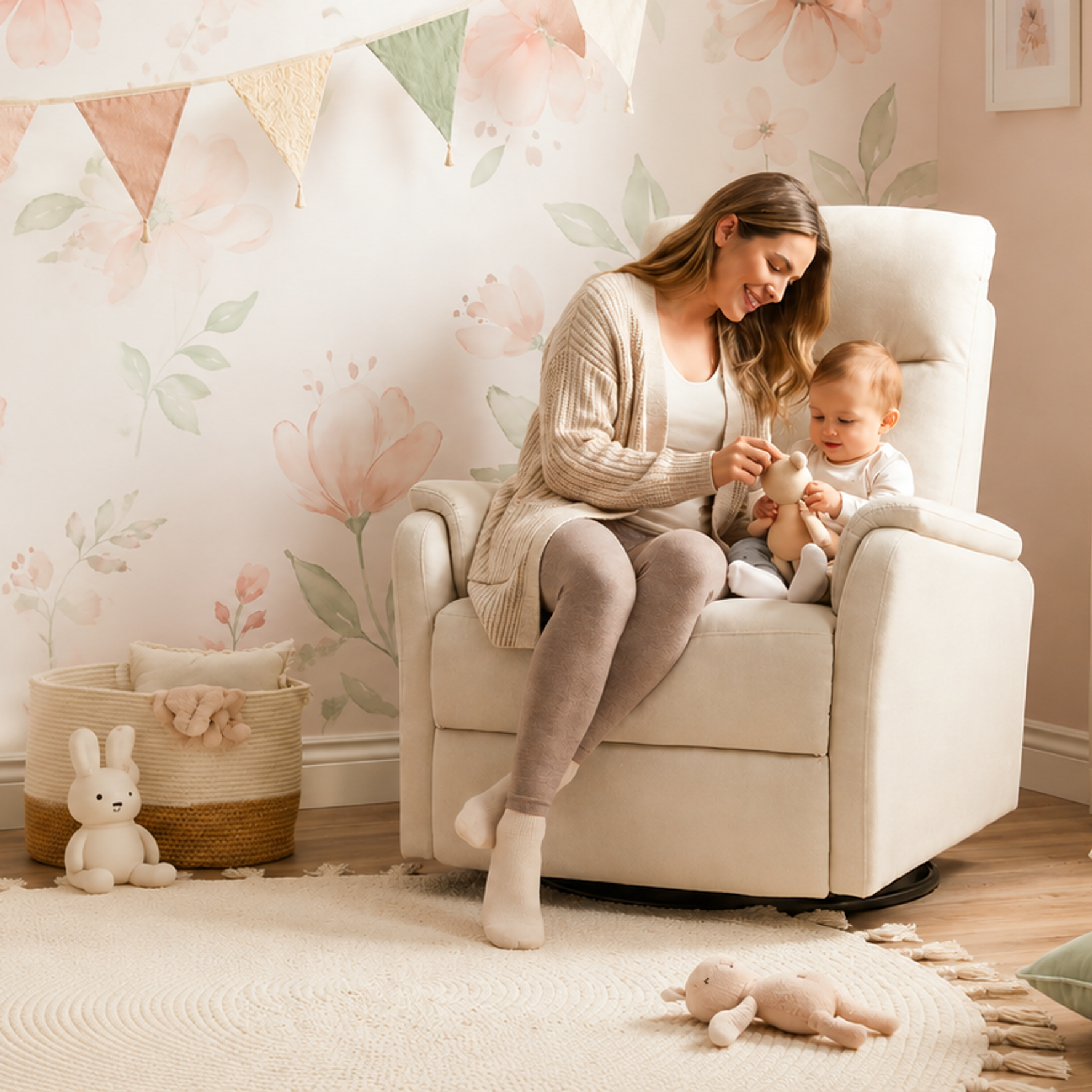 A mother sits in a cream glider chair holding her baby in a softly decorated nursery with floral wallpaper and pastel accents