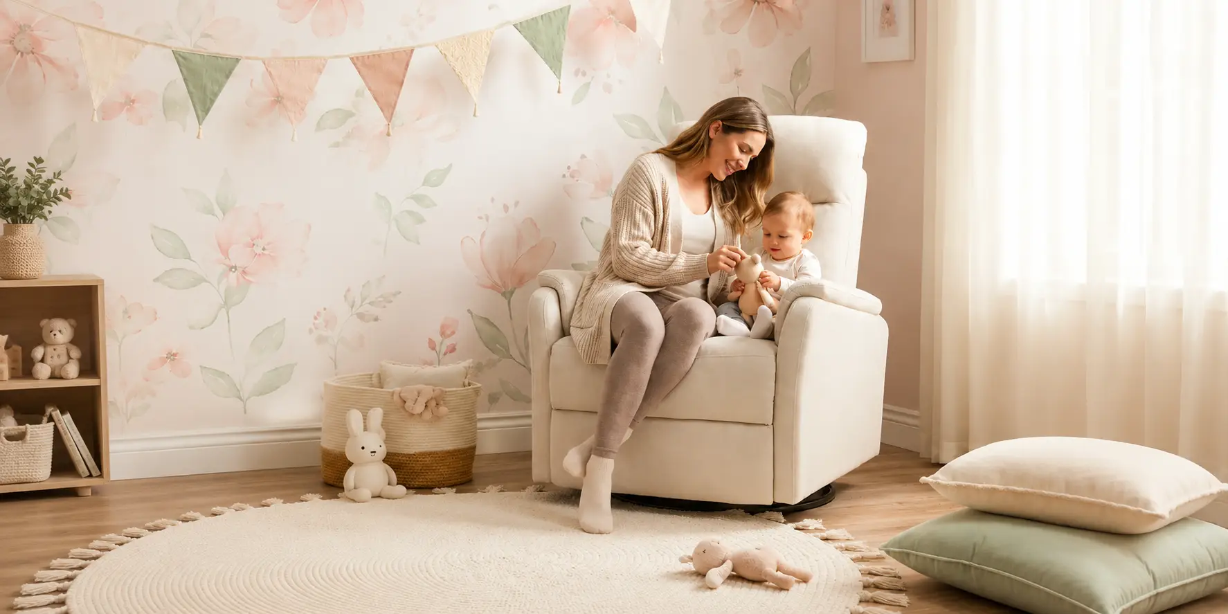 A mother sits in a cream glider chair holding her baby in a softly decorated nursery with floral wallpaper and pastel accents