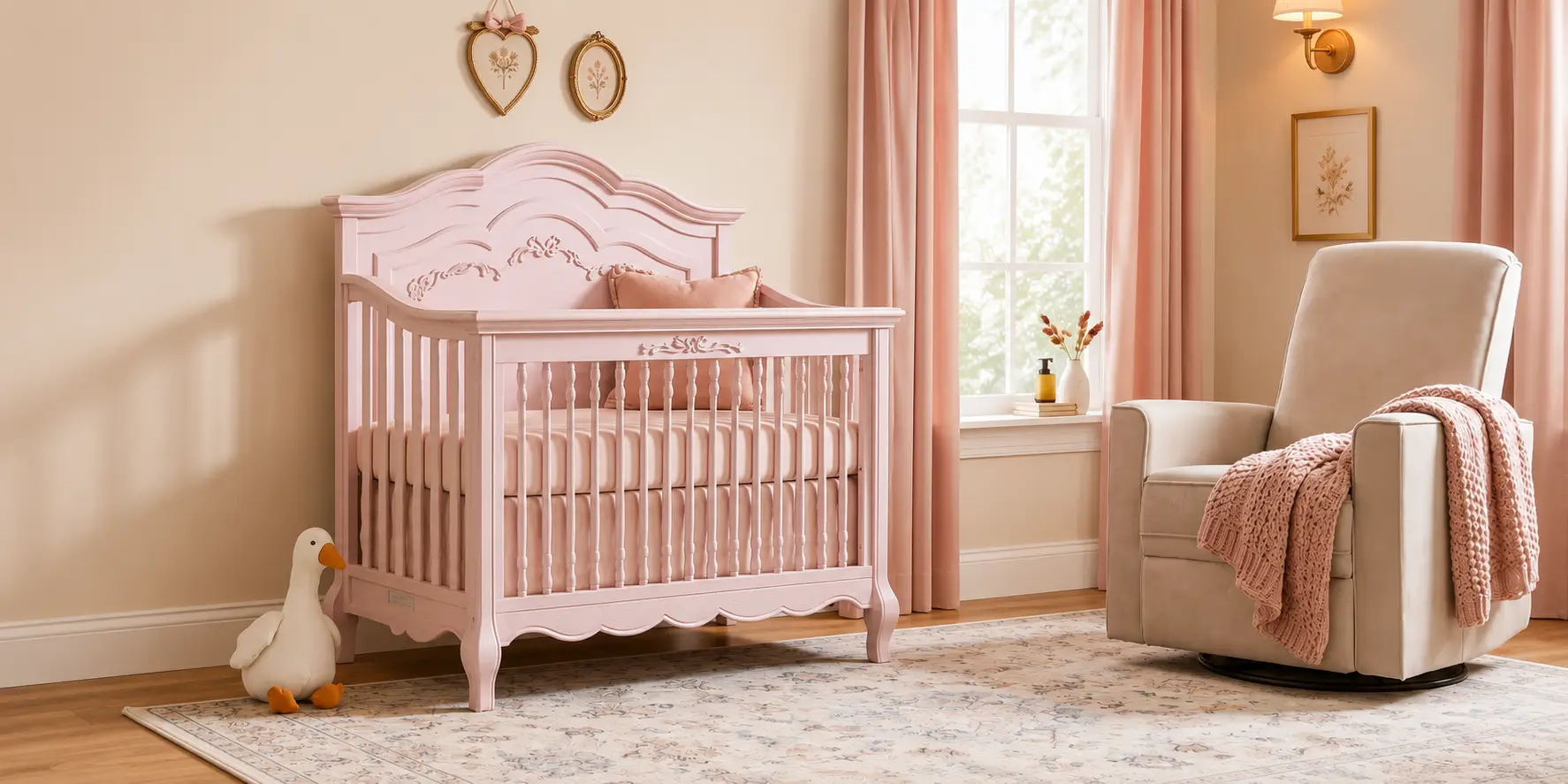 A cozy nursery featuring an ornate pink crib and a beige glider chair with a pink blanket.