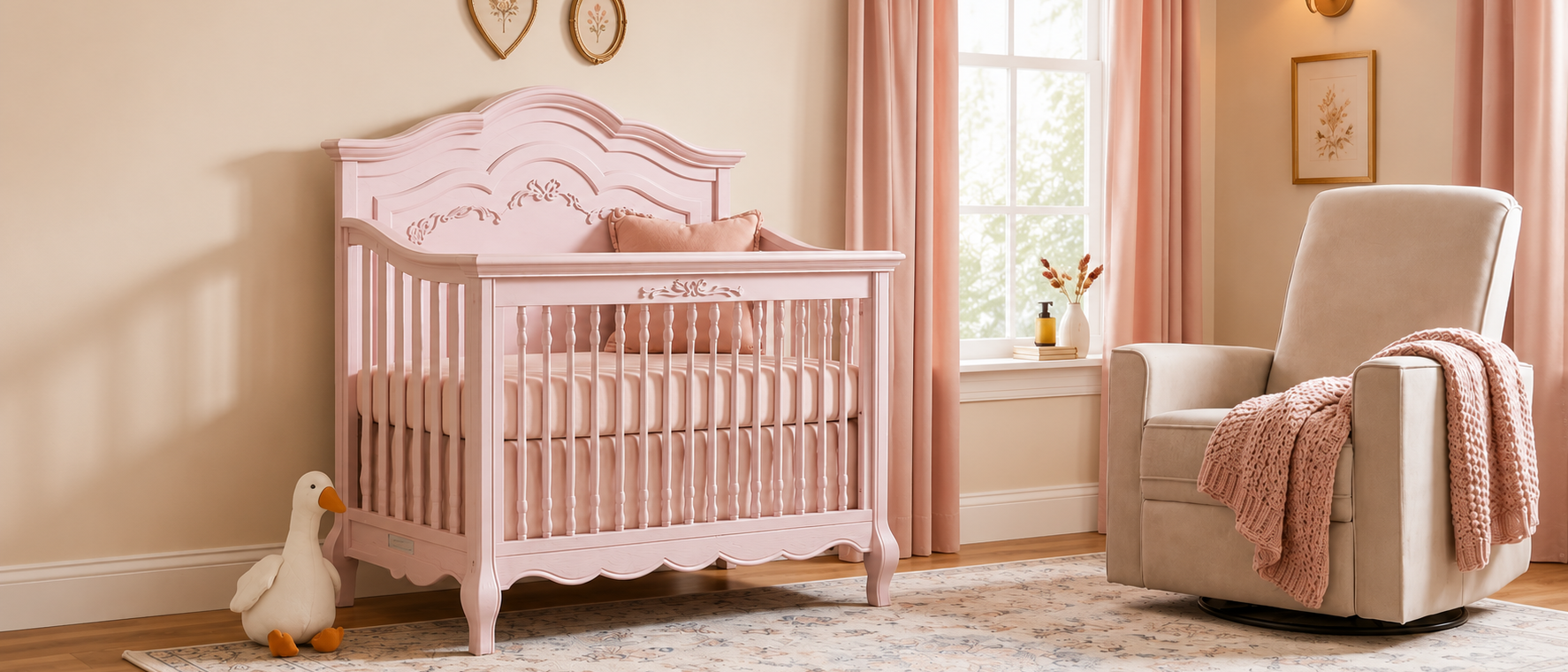 A cozy nursery featuring an ornate pink crib and a beige glider chair with a pink blanket.