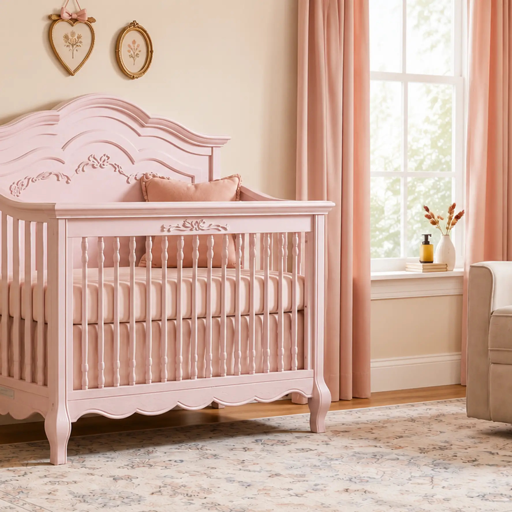 A cozy nursery featuring an ornate pink crib and a beige glider chair with a pink blanket.