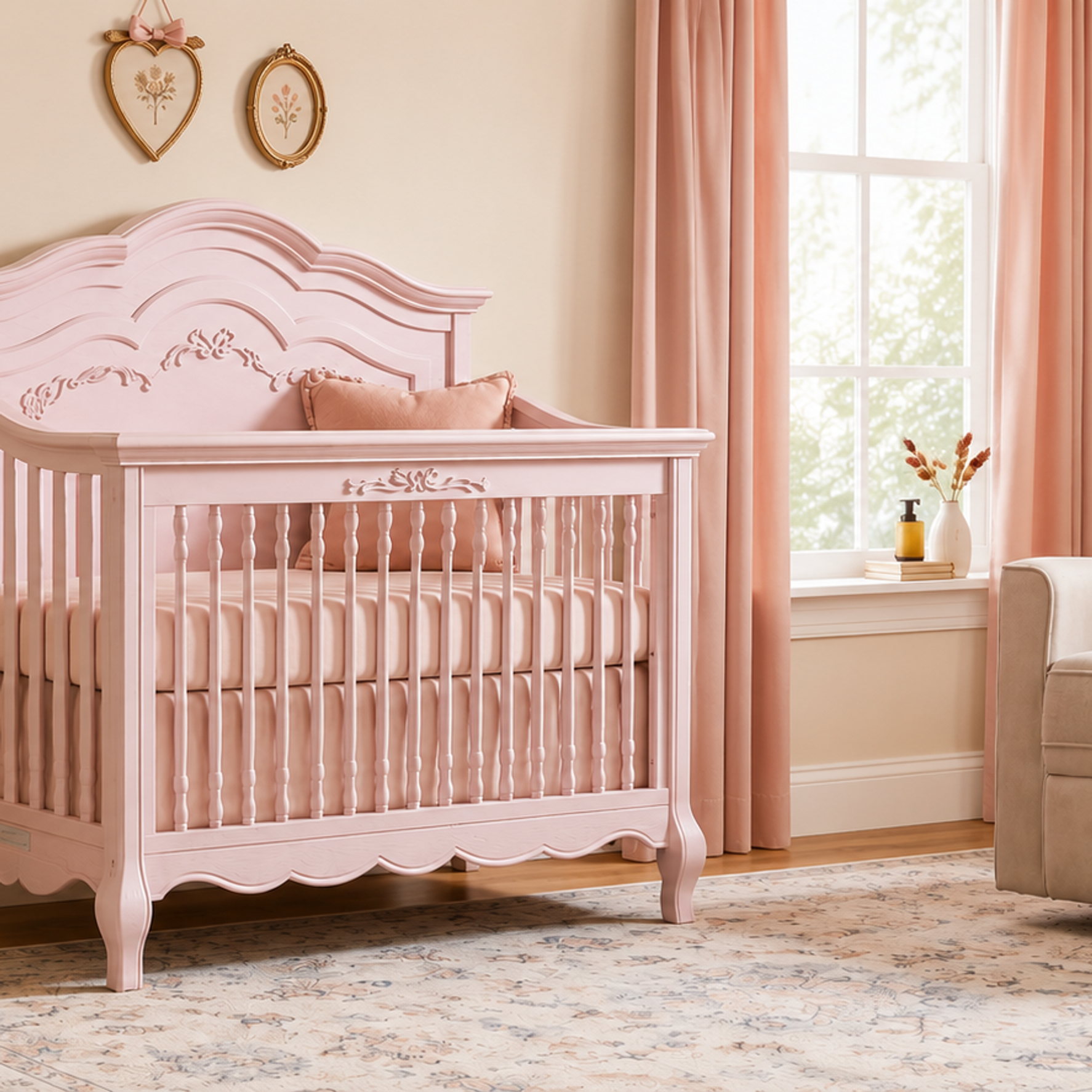A cozy nursery featuring an ornate pink crib and a beige glider chair with a pink blanket.