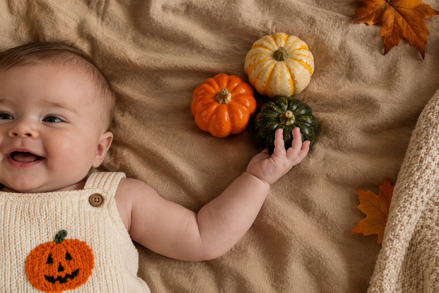 Smiling baby in a pumpkin-themed outfit reaching for autumn gourds on a blanket.