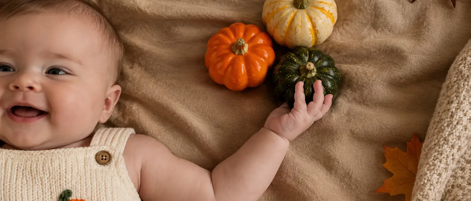 Smiling baby in a pumpkin-themed outfit reaching for autumn gourds on a blanket.