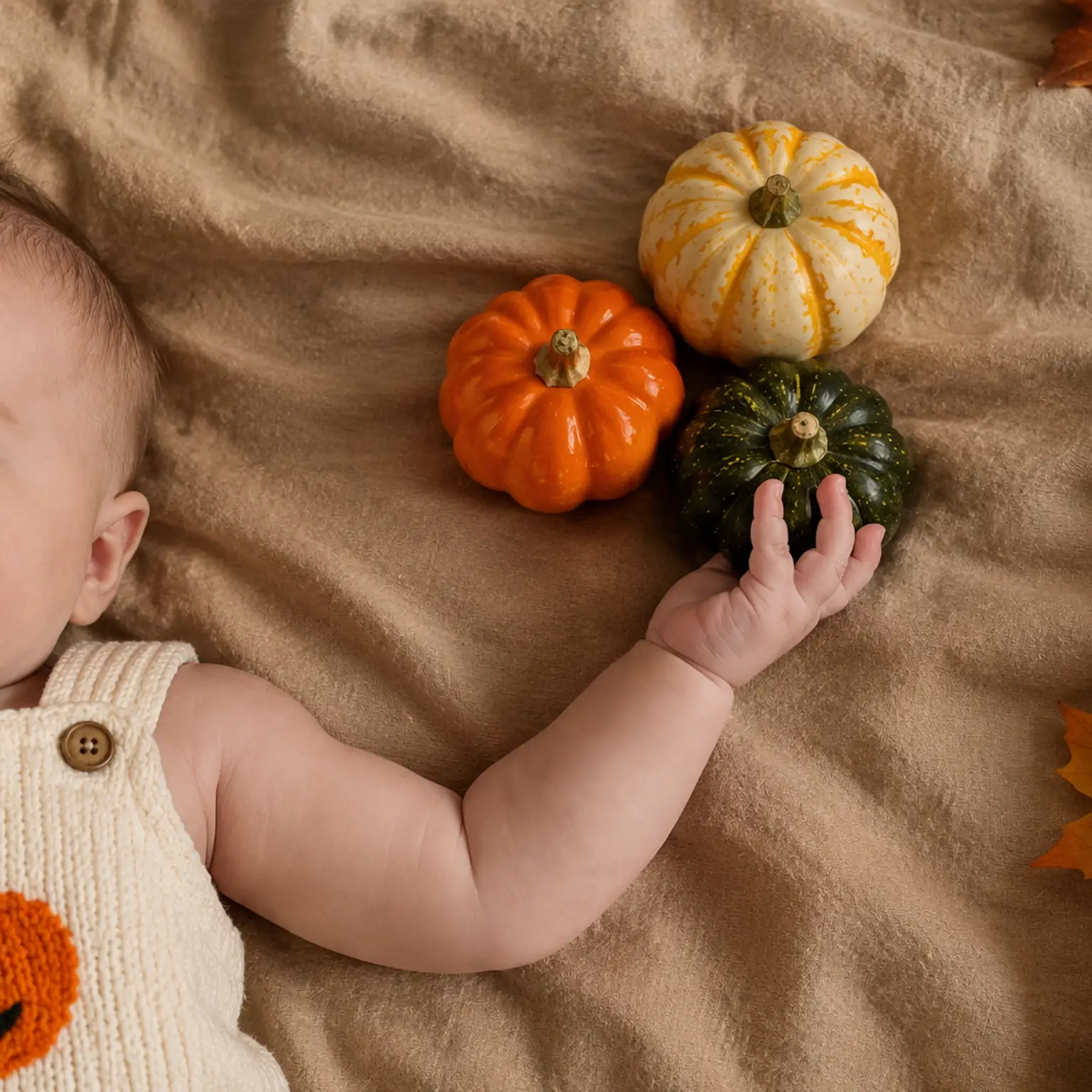 Smiling baby in a pumpkin-themed outfit reaching for autumn gourds on a blanket.