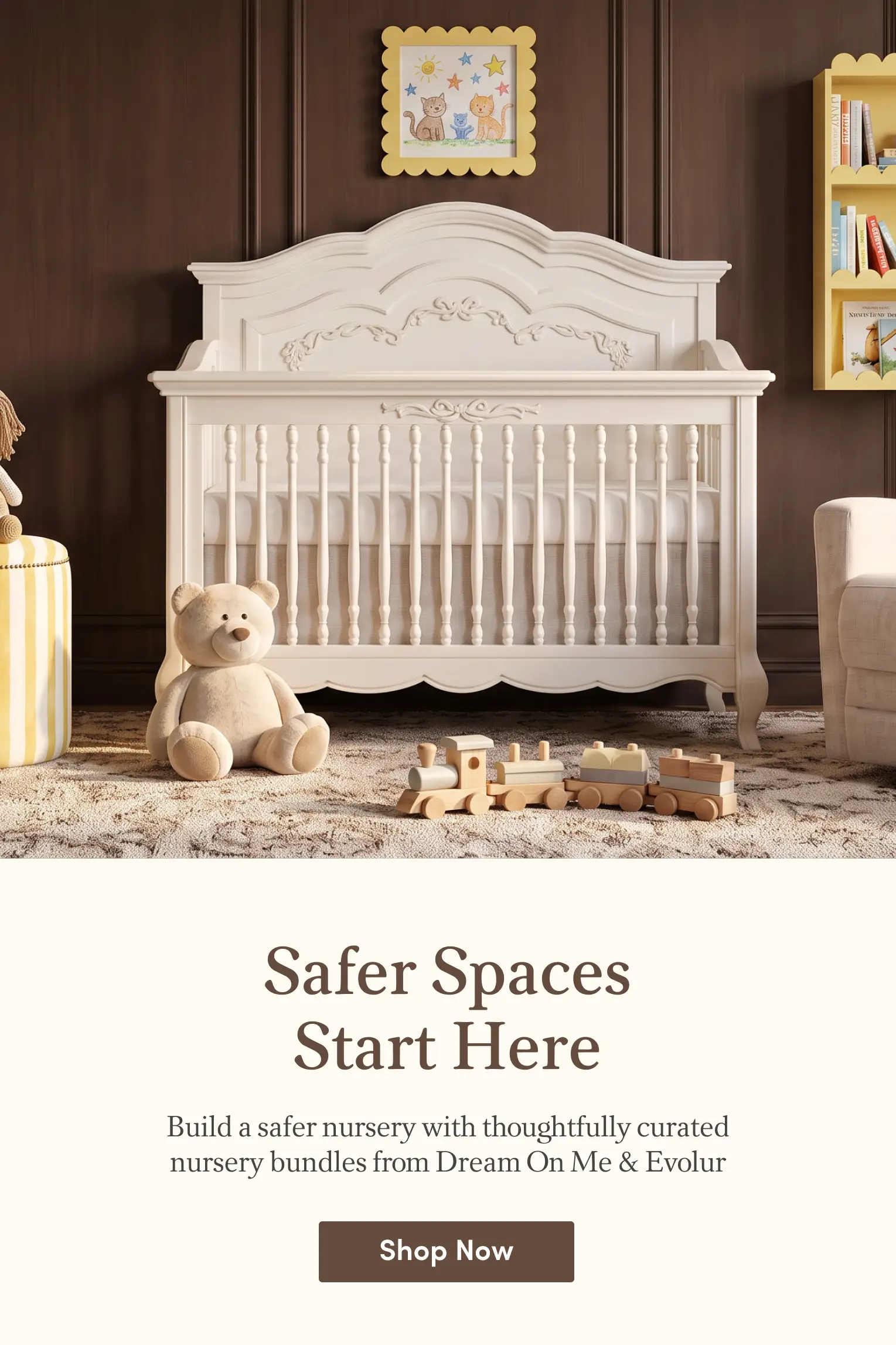 An elegant white crib in a cozy nursery with a teddy bear and wooden train on a rug.