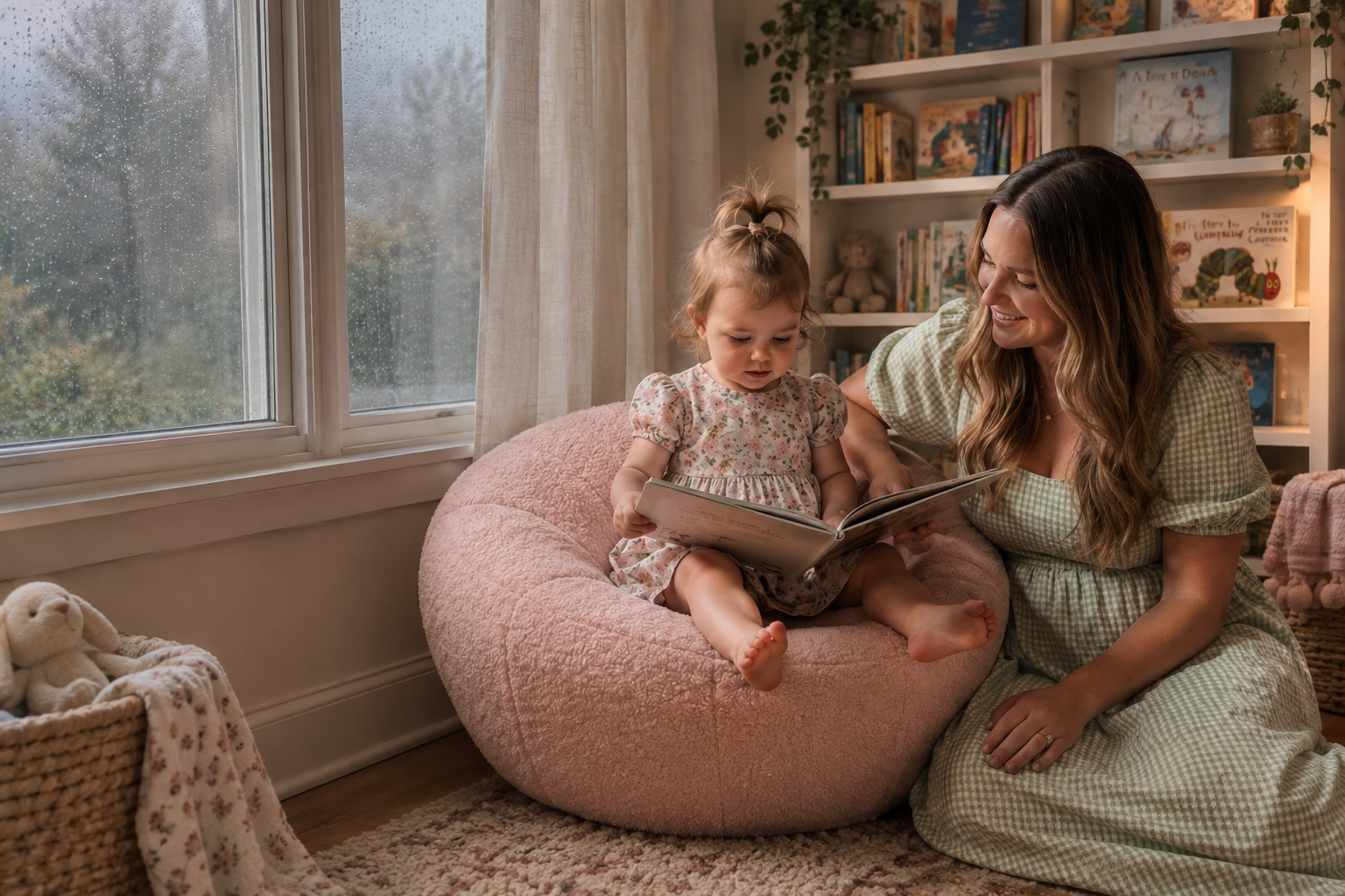 A smiling woman and a toddler read a book together in a cozy room.