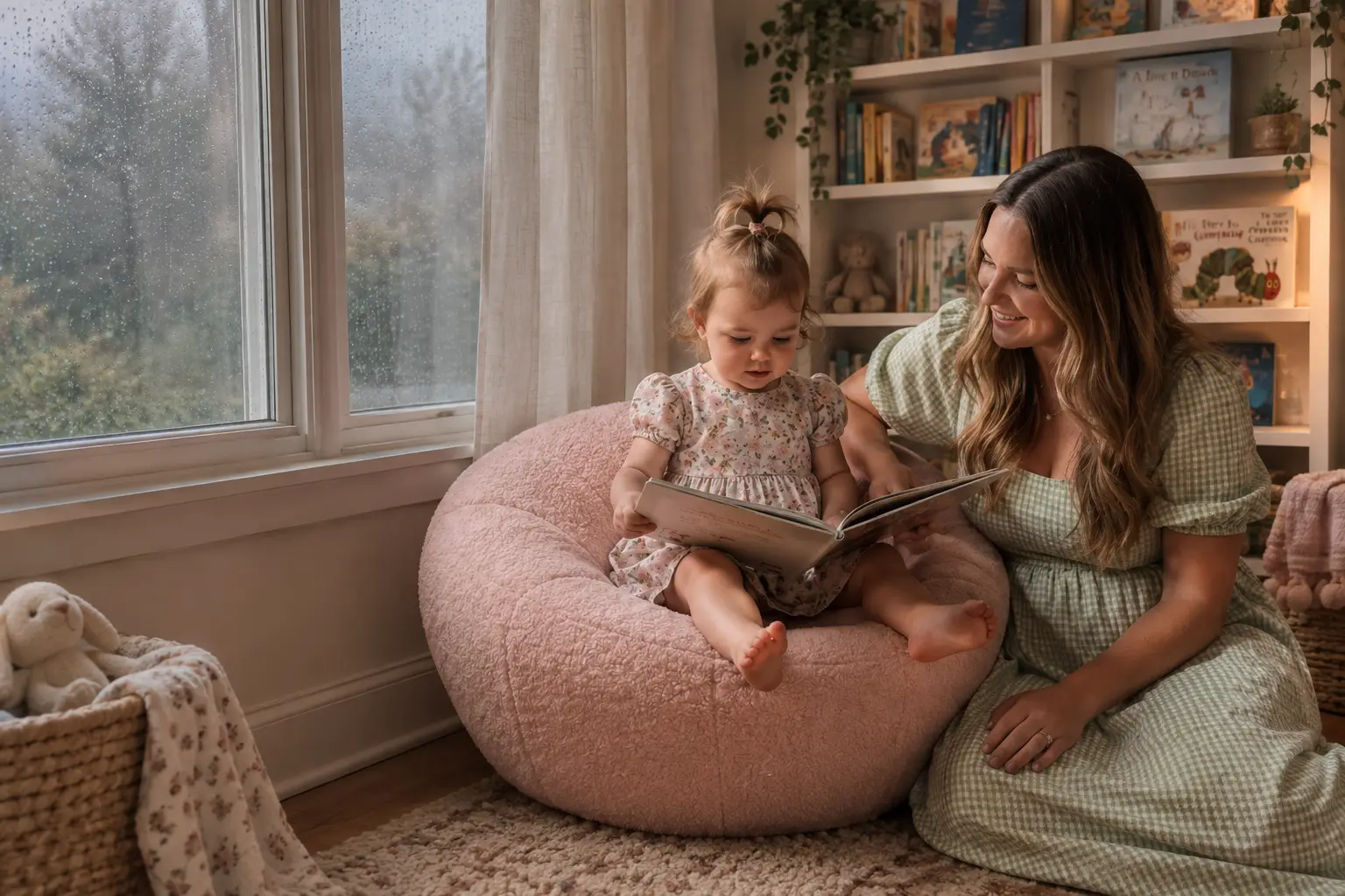 A smiling woman and a toddler read a book together in a cozy room.