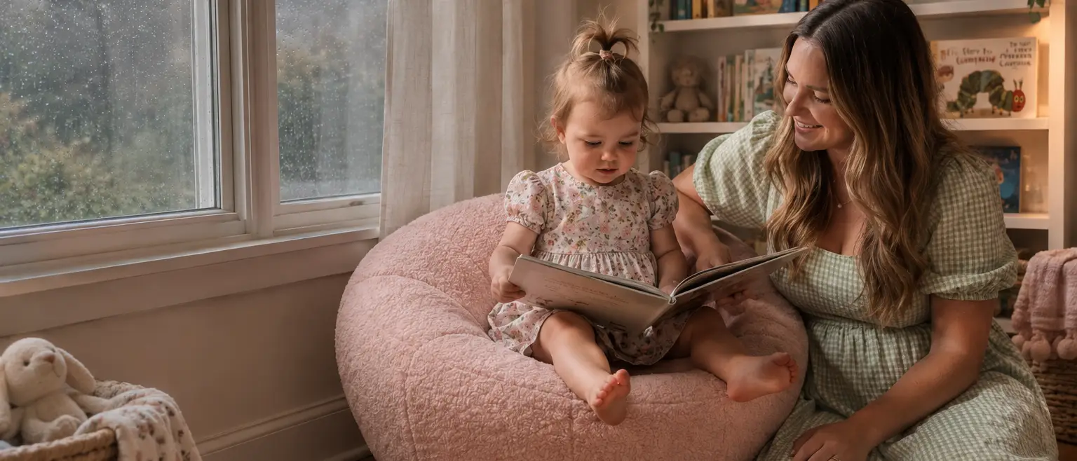 A smiling woman and a toddler read a book together in a cozy room.