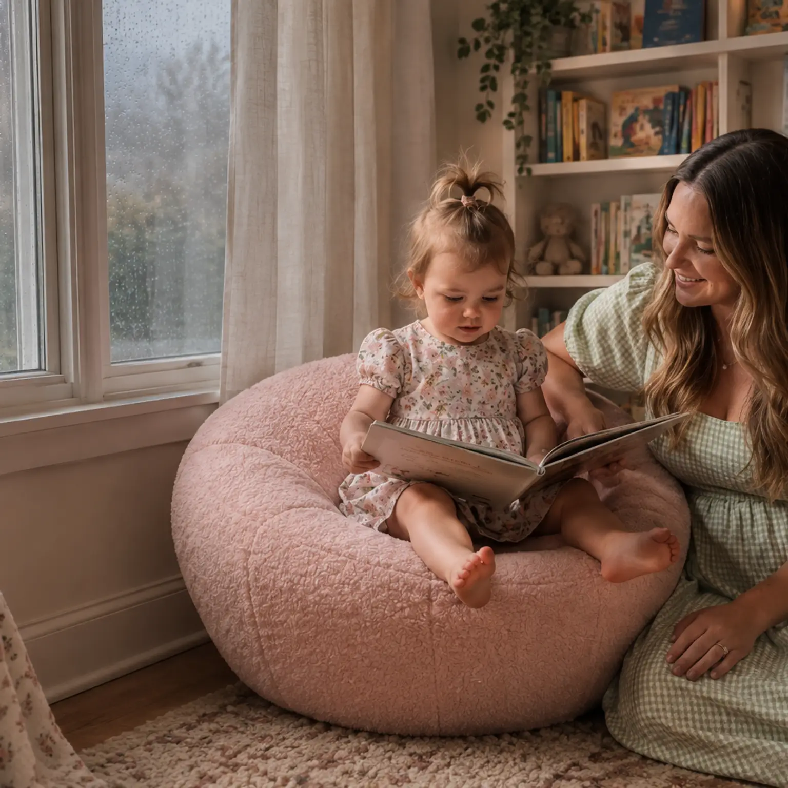A smiling woman and a toddler read a book together in a cozy room.
