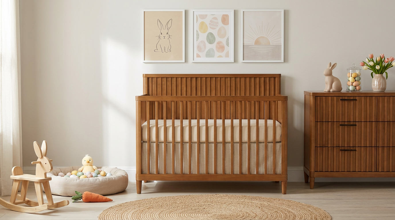 Minimalist pastel nursery with a wooden crib, Easter-themed decor, and soft Scandinavian interior design